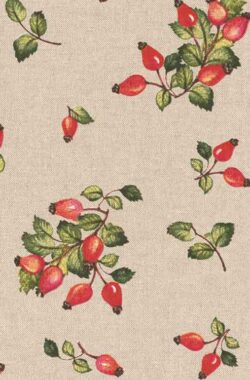 csipkebogyós dekorvászon anyag piros - világos bézs alapon