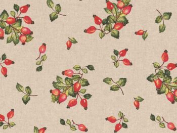 csipkebogyós dekorvászon anyag piros - világos bézs alapon