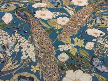 Pávás bútorszövet kék alapon ferde total