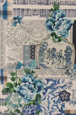 Kék patchwork rózsával pamutvászon