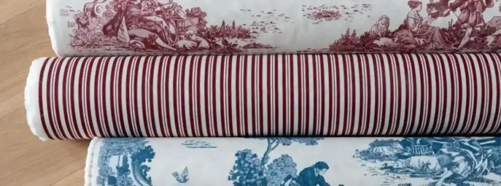 Életképes kék, bordó dekorvászon Toile de jouy