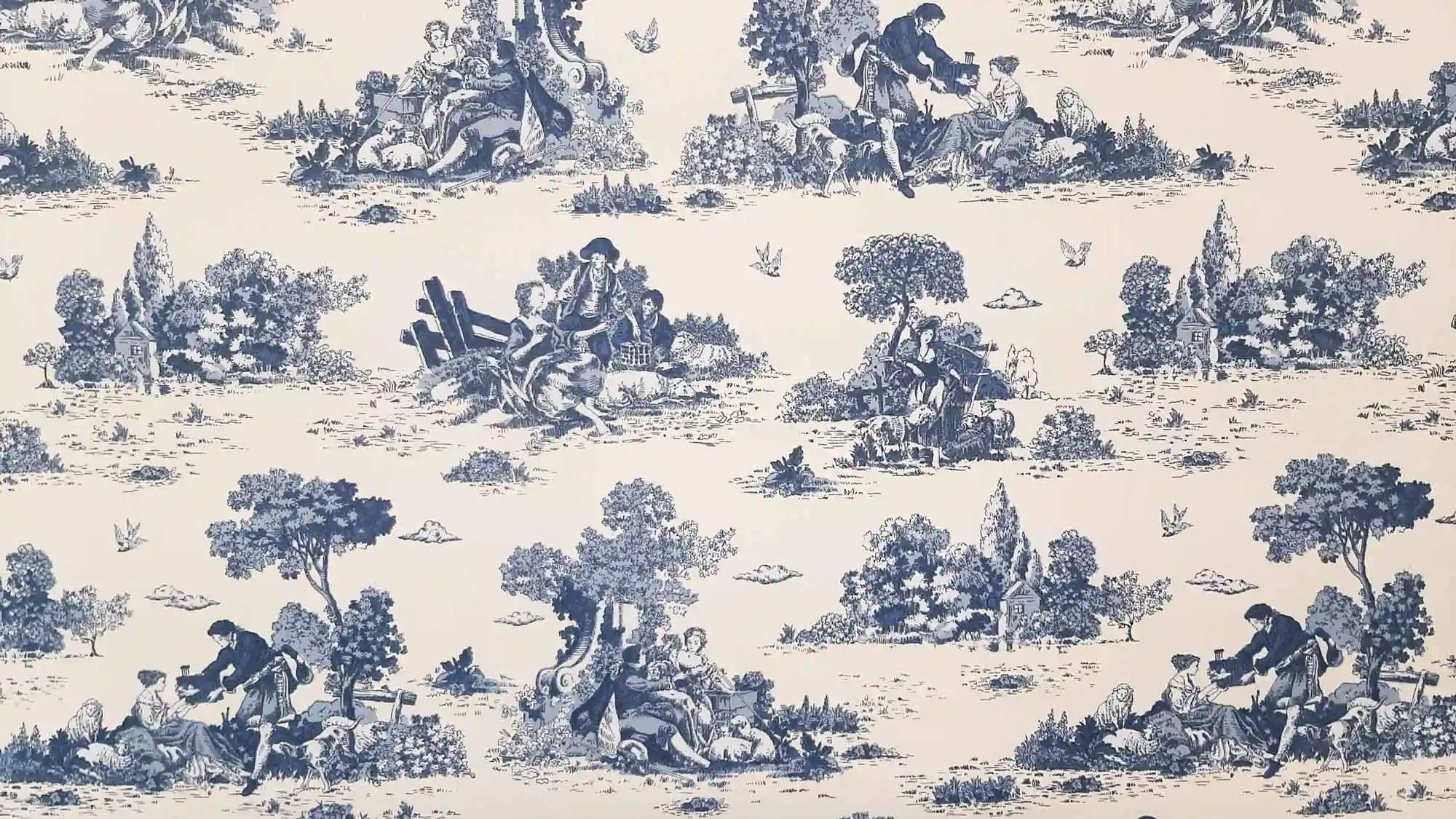 Életképes kék dekorvászon Toile de jouy