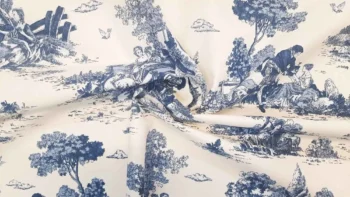 Életképes kék dekorvászon Toile de jouy gyűrt