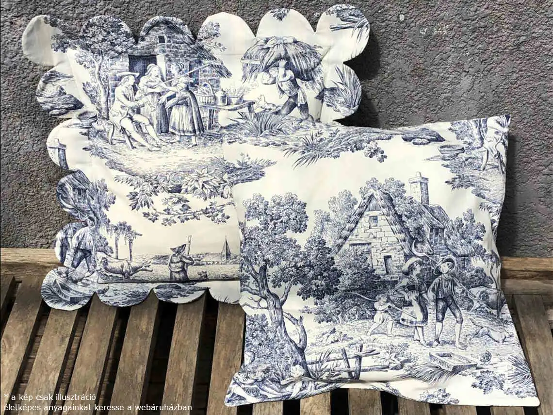 Toile de Jouy minta lakástextileken - díszpárnákon félkörívben