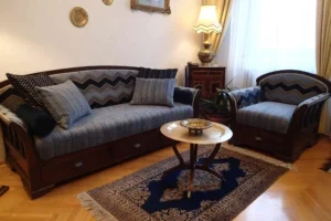 kanapé és fotel áthúzás kék bútorszövettel