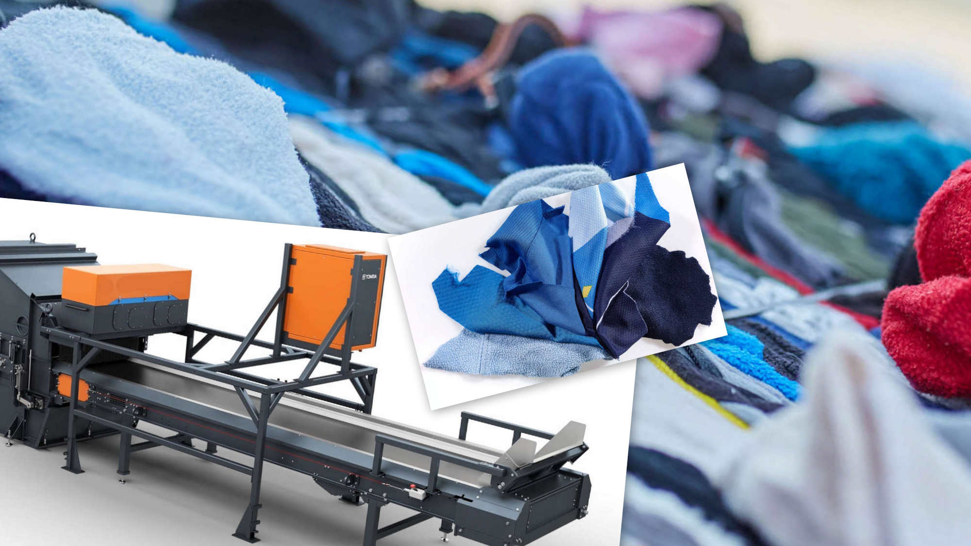 Újrahasznosított textilek válogatás előtt és a válogatógép